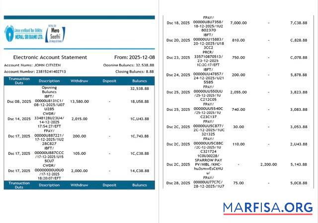 Downloadable Nepal SBI Bank electronic account statement word 2 pages template